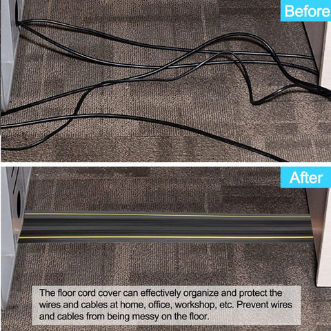 Before and after use of 6Ft Floor Cord Protector With 5 Channel Design Soft PVC Cable Cover on carpet, showing organized wires on floor