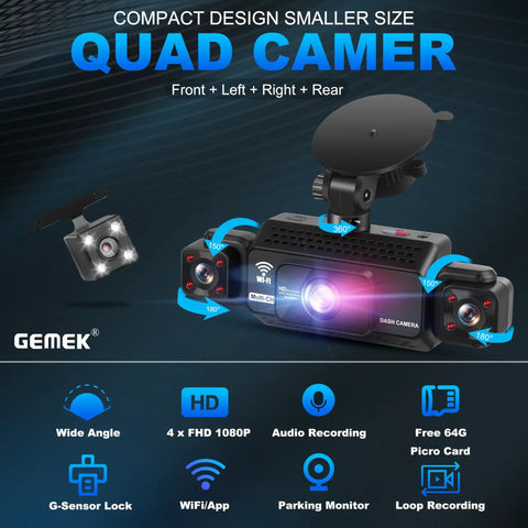 4 Channel Dash Cam With 360 Degree View For Cars, 2K Front Rear Inside Left And Right Cameras, 5G WiFi App Control, image of quad camera display