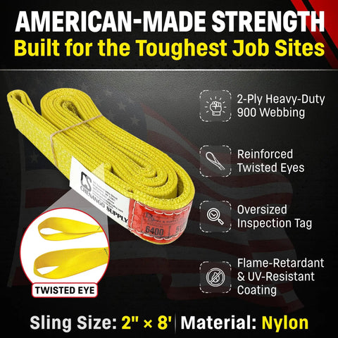USA Made Heavy Duty Nylon Lifting Slings Eye To Eye 2 Inch Wide 4 To 20 Foot Lengths 2 Ply Twisted Eye And Eye Slings Built Tough With 6400 Lb Vertical 5100 Lb Choker 12800 Lb Basket Load Capacity