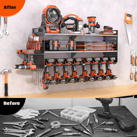 33 Inch Wide Power Tool Organizer Wall Mount Heavy Duty Cordless Tool Rack With 10 Drill Holders, 300 Lb Capacity