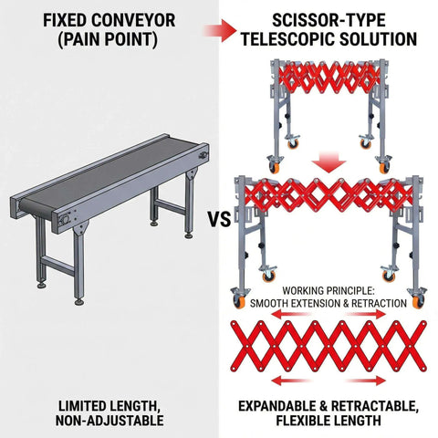 Heavy Duty Flexible Roller Conveyor With 600 Lbs Load Capacity, Extendable Telescopic Belt System comparison of fixed conveyor vs telescopic design.