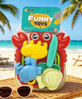 Foldable Bucket And Shovel Tools Kit For Kids Sand Toys With Animal Design Five Piece Travel Beach Set in net bag on table
