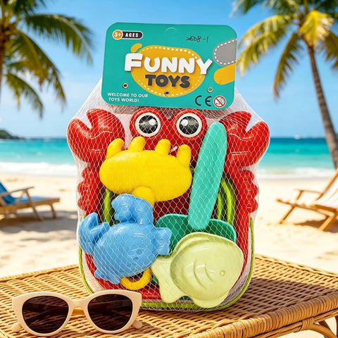 Foldable Bucket And Shovel Tools Kit For Kids Sand Toys With Animal Design Five Piece Travel Beach Set in net bag on table