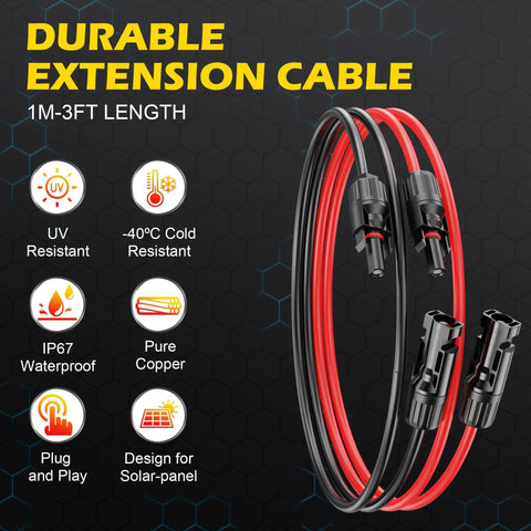 3 Ft 10 AWG Solar Extension Cable With Male And Female Connectors Waterproof Outdoor Solar Panel Cable Kit In Red And Black