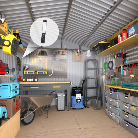 Interior view of 10x8 Foot Metal Outdoor Storage Shed With Lockable Doors, Weatherproof Backyard Tool Shed For Mowers, Bikes And Gear, Black Exterior, Waterproof Outside Storage Building For Patio Or Garden, Floor Not Included showcasing organized tool storage and shelving.