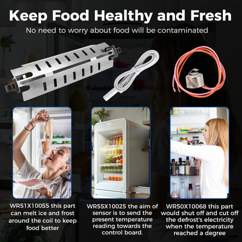 Upgraded Refrigerator Defrost Heater Kit With Built in Temperature Sensor For DIY Friendly Install And High Limit Thermostat For GE General Electric Kenmore Replace WR51X10055 WR55X10025 WR50X10068 Romalon, heater sensor thermostat set