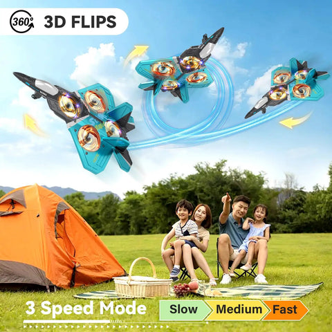 Family enjoying Foam Remote Control Airplanes For Kids And Adults, 360 Degree Flip Fighter Jet With Light in park