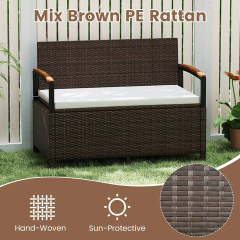 Wicker Outdoor Storage Bench With Hidden 46 Gallon Gas Strut Lift Up Storage, Rattan Deck Box, porch loveseat with cushion