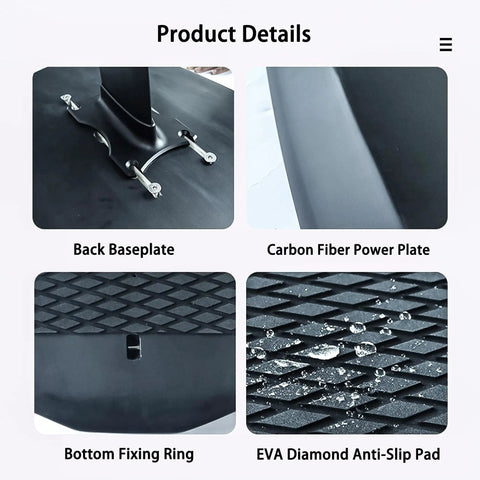Close-up of Carbon Fiber Hydrofoil Surfboard parts including back baseplate, carbon fiber plate, bottom fixing ring, and anti-slip pad