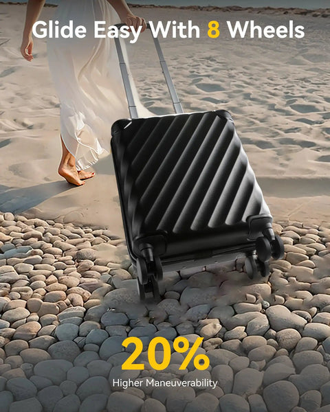 Underseat Carry On Luggage With Spinner Wheels Polycarbonate Hard Shell 17.5 By 12 By 8 Inches on pebbled surface