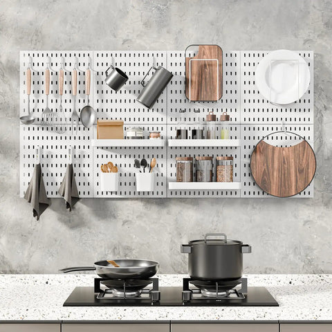Pegboard Wall Storage Kit With Four White Pegboards And Fourteen Hanging Accessories, Easy Craft Room And Kitchen Organizer, wall mounted with kitchen utensils and decor, 22 by 22 inches.