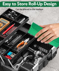 Hand holding Foldable Silicone Oil Drain Funnel with Aluminum Plate for mess-free oil changes, fitting in a toolbox
