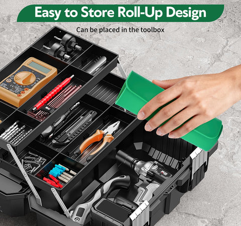Hand holding Foldable Silicone Oil Drain Funnel with Aluminum Plate for mess-free oil changes, fitting in a toolbox