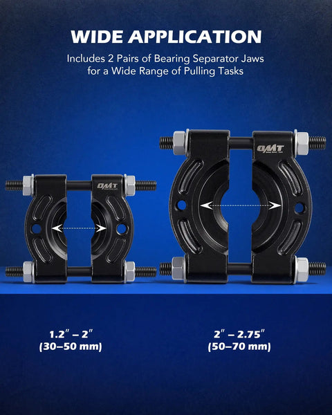 5 Ton Hydraulic Bearing Puller And Hub Removal Tool Kit 2 In 1 Gear Pulley Extractor Set showing pairs of bearing separator jaws sizes 1.2" to 2" and 2" to 2.75".