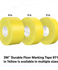 Three rolls of Durable Floor Marking Tape 971 in yellow, showing sizes 4 in, 3 in, and 2 in, with a vivid finish.