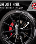 Graphene Tire Dressing for Deep Black Satin Finish bottle on a wheel showcasing non-greasy car detailing solution, black satin finish.