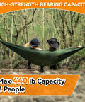 Two people in ultralight camping hammock for outdoors and backpacking, portable nylon hammock supports up to 440 lbs in army green