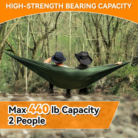 Two people in ultralight camping hammock for outdoors and backpacking, portable nylon hammock supports up to 440 lbs in army green