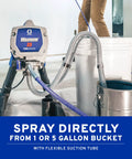 Heavy Duty Airless Paint Sprayer For Interior And Exterior Tasks Featuring Fully Adjustable Pressure Control And Reliable Power to spray directly from 1 or 5 gallon buckets.