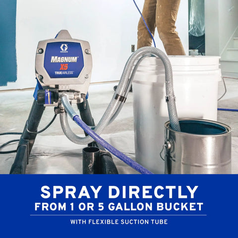 Heavy Duty Airless Paint Sprayer For Interior And Exterior Tasks Featuring Fully Adjustable Pressure Control And Reliable Power to spray directly from 1 or 5 gallon buckets.