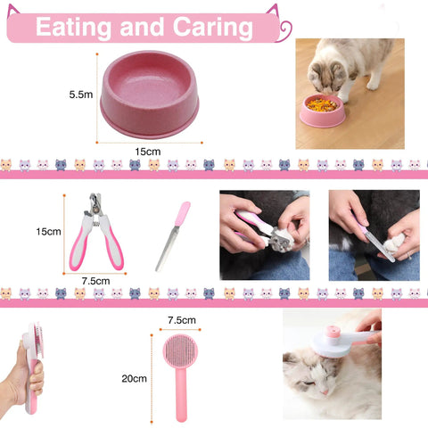 All In One 47 Piece Kitten Essentials Starter Kit For Kittens Under Six Months With Toys Bed Carrier Litter Box Bowls Grooming Tools And More For New Cat Parents In Pink showcasing feeding and grooming tools