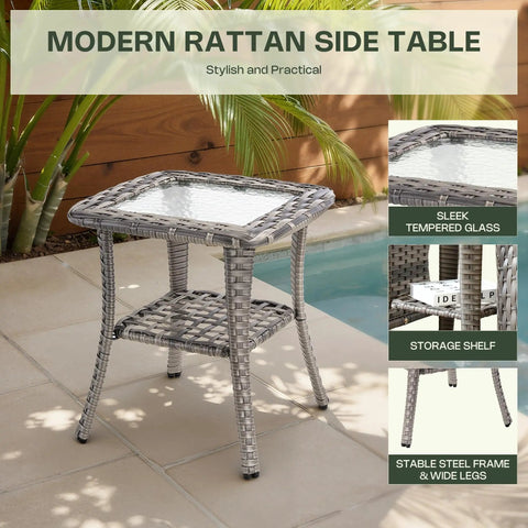 Modern rattan side table from 5 Piece All Weather Patio Set With Wicker Chairs And Coffee Table High Back Swivel Rockers Modern Rattan Outdoor Conversation Set For Porch Balcony Garden Black, featuring sleek tempered glass top and storage shelf.