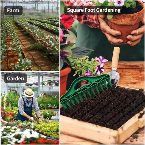 12 Hole Digger Seed Spreader 7 Piece Seed Sowing Dispenser Set Tiny Handheld Seed Planter in gardening use.