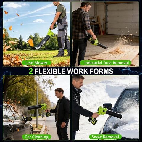 Four scenes of Cordless Leaf Blower 21V Powerhouse With Six Speed Control, 980000 RPM Handheld Electric Blower in action, green.