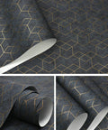 Peel And Stick Geometric Wallpaper In Dark Grey With Gold Hexagon Accents Self Adhesive Removable Contact Paper rolled view