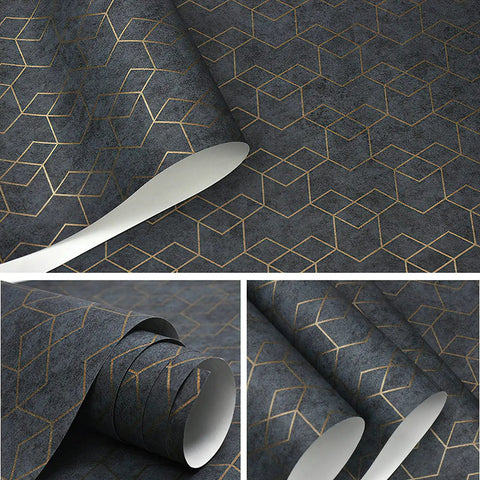 Peel And Stick Geometric Wallpaper In Dark Grey With Gold Hexagon Accents Self Adhesive Removable Contact Paper rolled view