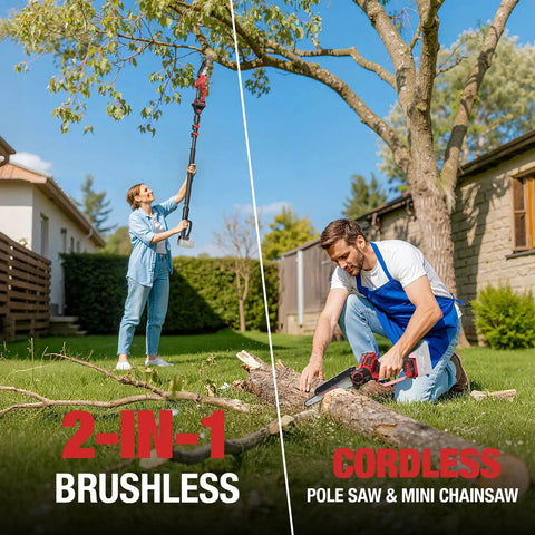 Person using 2-In-1 Cordless Pole Saw And Chainsaw, 8-Inch And 6-Inch Heads, 18V M18 Compatible, Lightweight Pruner, Tool Only