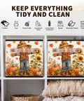 Autumn Theme Fabric Storage Basket For Standard Shelving And Closets Hella Durable Canvas Organizer Bin With Strong Handles, decorative design with pumpkins and scarecrow.
