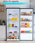 No Sweat Setup 21 Cubic Feet Convertible Freezer And Refrigerator Stand Up Cabinet with fresh produce and drinks organized inside.