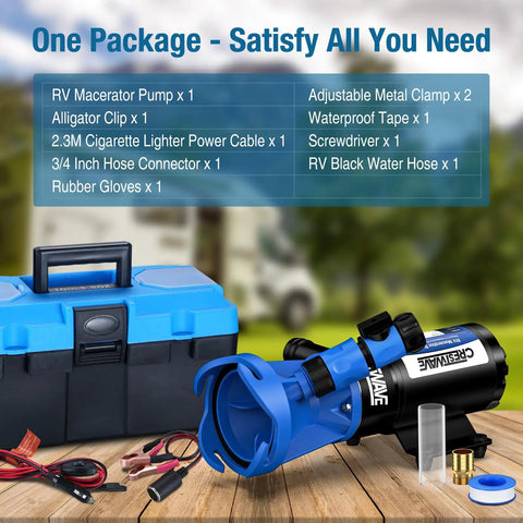 RV Macerator Pump For Fast 4 Minute Tank Emptying In RVs And Boats, 12 GPM Flow, 10 Foot Lift, 12V 144W Copper Motor With SK5 Blades, Full Protection Kit, Hose Included, displayed with all accessories including hose, gloves, and toolkit on a wooden surface.
