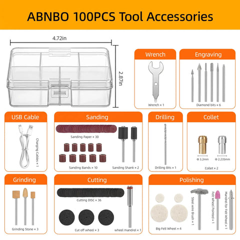 ABNBO 100PCS tool accessories organized in a clear storage box, including sanding, drilling, and polishing tools.