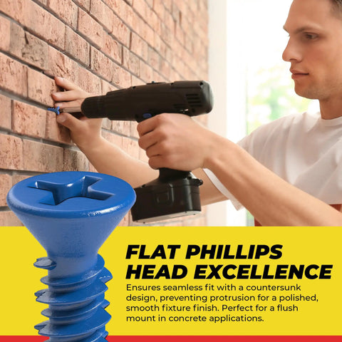 Pro Grade Self Tapping Concrete Screws With Tough Diamond Point And Flat Phillips Head 3/16 X 1-1/4 Inches Heavy Duty Blue Steel Fasteners For Hassle Free Rock Solid Mounting On Brick And Concrete