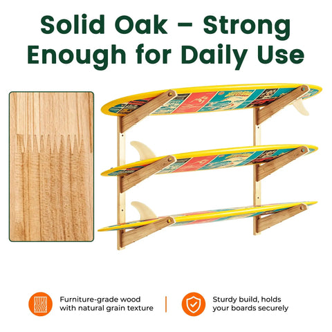 Rock Solid Three Tier Surfboard Wall Rack Hella Heavy Duty Solid Wood Board Holder For Garage And Home Natural Grain Finish Keeps Up To Three Longboards Upright And Totally Secure