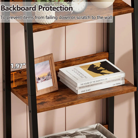 Rustic wood shelf detail of 5 Tier Ladder Shelf With Removable Fabric Drawer, with books and decor in home setting
