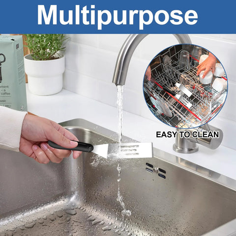Two-piece stainless steel spatula set with black handles for kitchen use, shown in a sink.