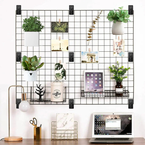 Gridwall display using 24 Piece Black Metal Gridwall Mount Brackets With Screws for organized home or office workspace