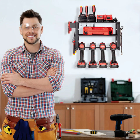 Man in workshop next to Space Saving 3 Tier Power Tool Organizer Wall Mount holding drills and tools.
