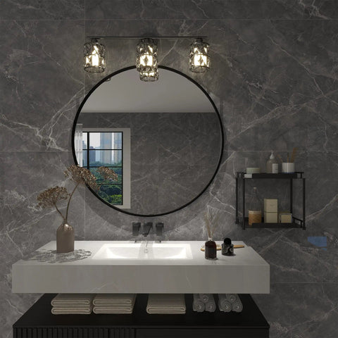 Matte Black 3 Light Vanity Fixture With Crystal Shades For Bathroom And Bedroom above round mirror, elegant glam vibe