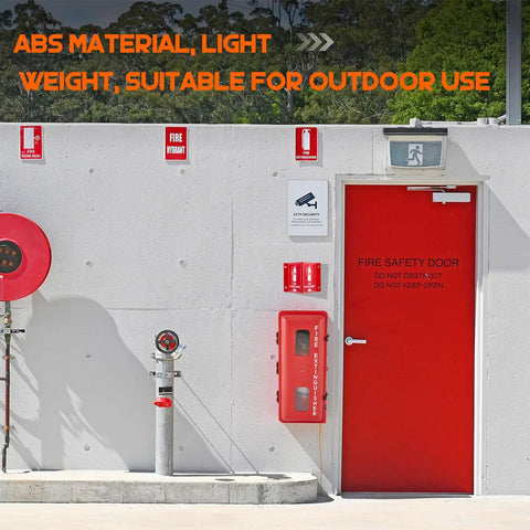 Outdoor Fire Extinguisher Cabinet Box With 3D Arrow Sign, Weatherproof And Vandal Resistant, installed beside a fire safety door