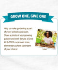 Sign displaying 'Grow One, Give One' with a message encouraging sharing garden photos for school donations.