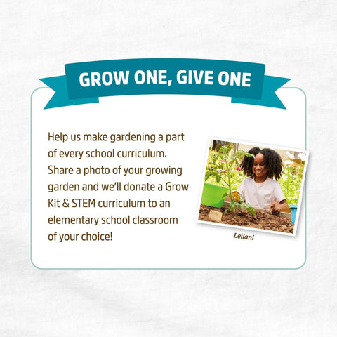 Sign displaying 'Grow One, Give One' with a message encouraging sharing garden photos for school donations.