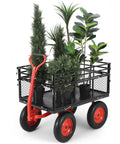 Heavy Duty 1400 Lb Steel Garden Dump Cart With Removable Mesh Panels 2 In 1 Handle 16 Inch All Terrain Wheels loaded with potted plants