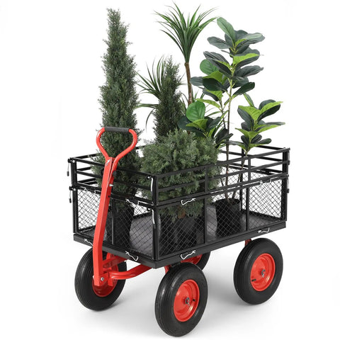 Heavy Duty 1400 Lb Steel Garden Dump Cart With Removable Mesh Panels 2 In 1 Handle 16 Inch All Terrain Wheels loaded with potted plants