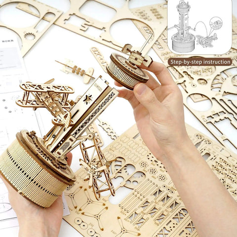 10 Inch 3D Wooden Puzzle Airplane Tower Music Box DIY Mechanical Model Kit For Adults Windup Rotating Tower That Plays Its A Small World, wooden DIY model