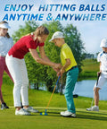 Kid Friendly Beginner Golf Club Set With Wood Iron And Putter, 3 Balls And Bag, used by kids learning golf with adult guidance on grass