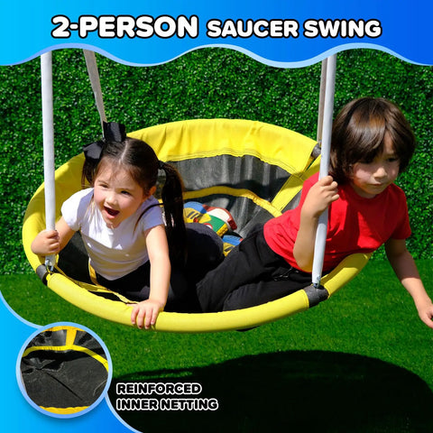 Two kids enjoying the 2-person saucer swing on the backyard metal swing set with 5 foot wave slide two swings two person glider.